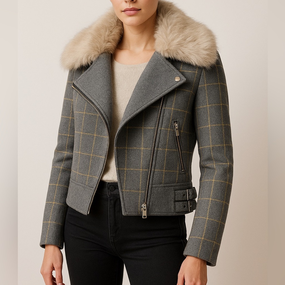 Banana Republic Gray Plaid Faux Fur Collar Wool Blend Moto Jacket